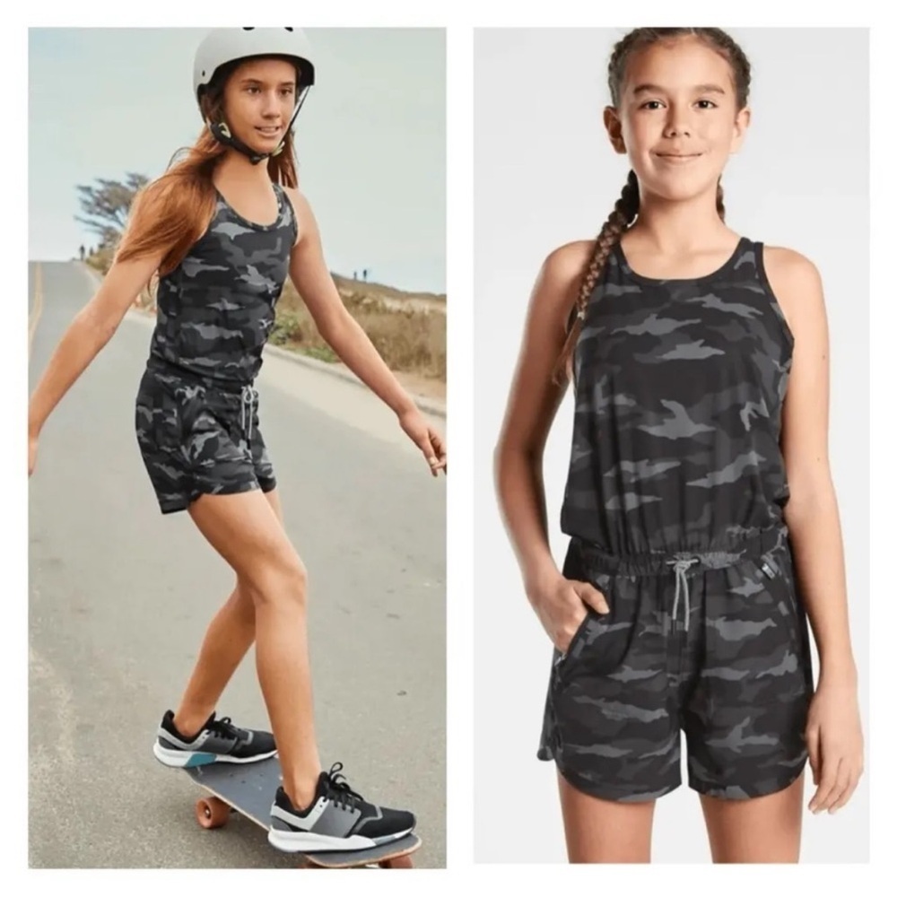 Athleta Girl Black Camo On The Go Shorts Romper, Size L/12